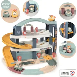 Smoby Garage 1er âge Little Smoby, 3 niveaux avec ascenseur, station lavage et rampe, inclut 1 voiture, 1 hélicoptère, 4 pistes, pour enfant dès 18 mois