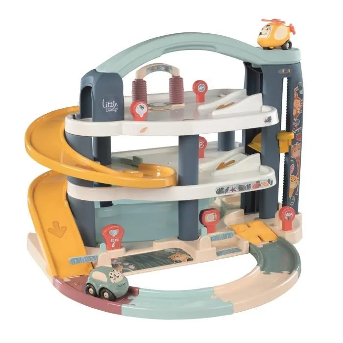 Smoby Garage 1er âge Little Smoby, 3 niveaux avec ascenseur, station lavage et rampe, inclut 1 voiture, 1 hélicoptère, 4 pistes, pour enfant dès 18 mois
