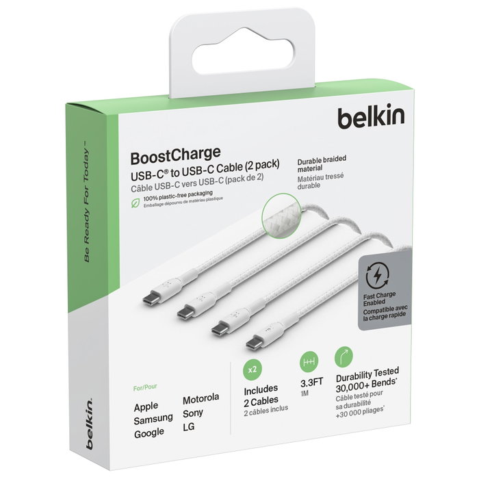 Belkin Pack de 2 câbles Boost Charge USB-C vers USB-C 1m blanc tressé
