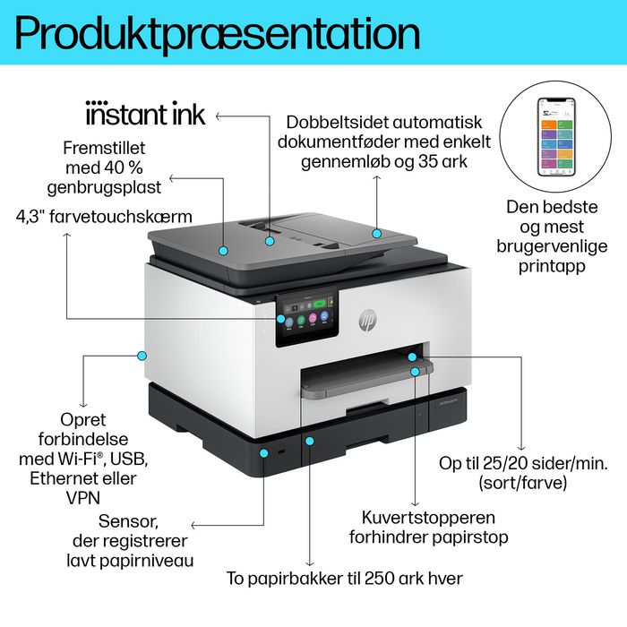 HP OfficeJet Pro 9132e - Imprimante multifonction couleur WiFi - Impression, copie, numérisation, fax - 25 ppm HP OfficeJet Pro 9132e - Imprimante multifonction couleur WiFi - Impression, copie, numérisation, fax - 25 ppm