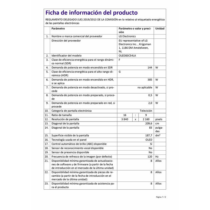 TV intelligente LG OLED83C54LA 4K Ultra HD 83" HDR OLED