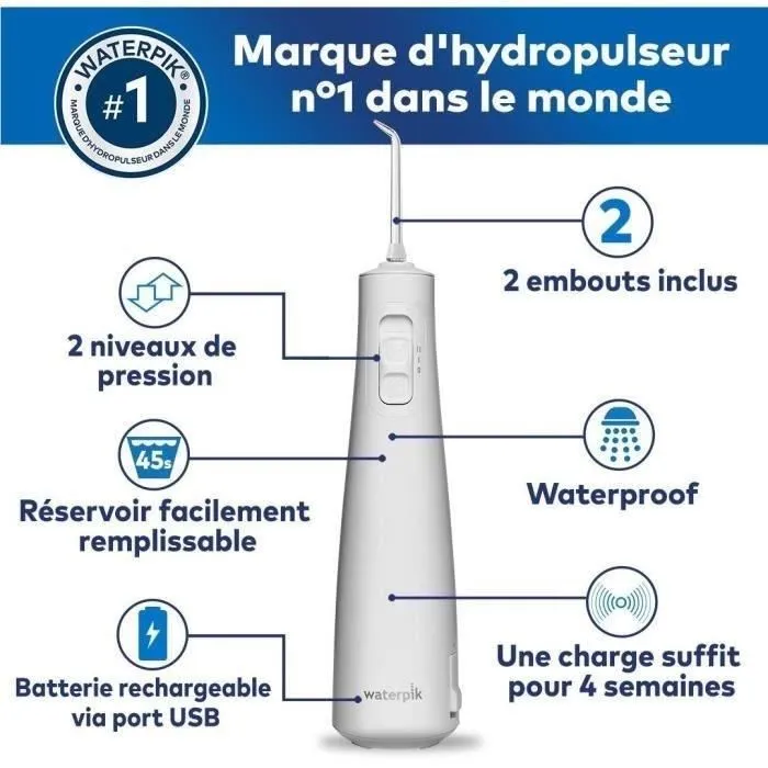 Waterpik WF-20 Hydropulseur dentaire sans fil et rechargeable, élimine 99.9% de la plaque avec la technologie PrecisionPulse, blanc, recommandé UFSBD