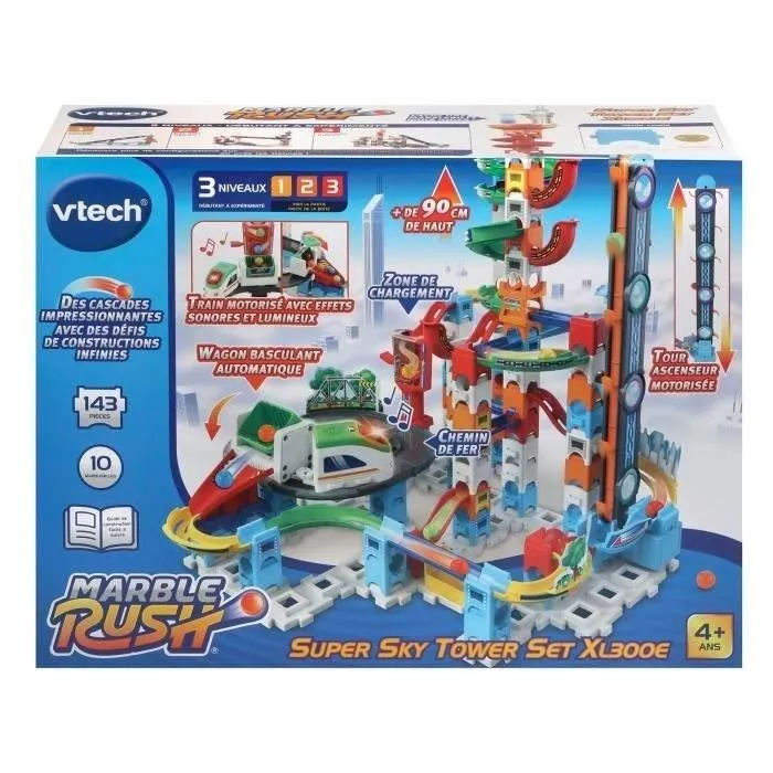 VTECH Marble Rush Super Sky Tower Set XL300E - Circuit de billes de construction 143 pièces avec 10 billes - Jeu éducatif pour enfant de 4 ans et plus