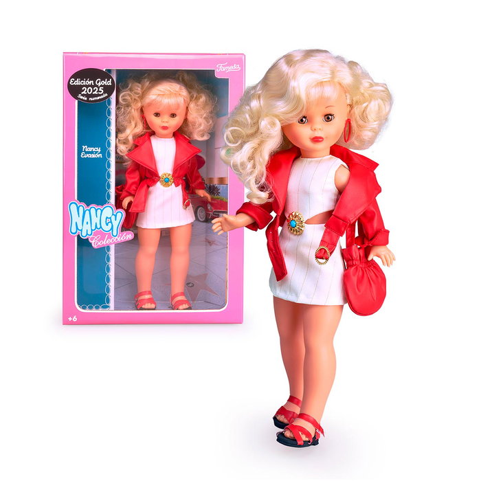 Nancy - Nal20000 - Collection Évasion - Figurine de la célèbre poupée années 70 avec robe blanche et veste rouge en cuir - Version en espagnol