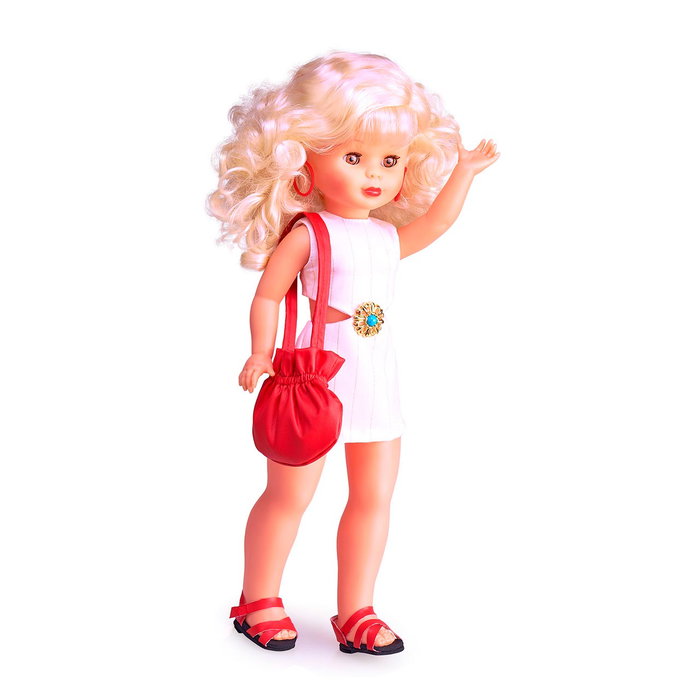 Nancy - Nal20000 - Collection Évasion - Figurine de la célèbre poupée années 70 avec robe blanche et veste rouge en cuir - Version en espagnol