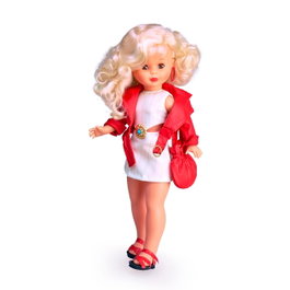 Nancy - Nal20000 - Collection Évasion - Figurine de la célèbre poupée années 70 avec robe blanche et veste rouge en cuir - Version en espagnol