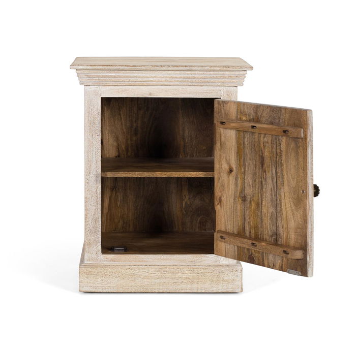 GINER Y COLOMER Table de Chevet en Bois de Mango Acajou, Finition Sable avec Porte Sculptée à la Main, Tiroir et Poignée Noire