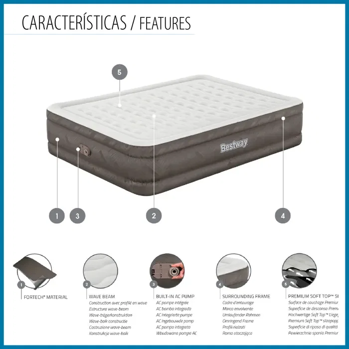 Bestway 1069050XXX23 Lit Gonflable 2 Places Fortech avec Traitement Antimicrobien Ultra-Fresh pour un Sommeil Sain, Pompe Intégrée, Gonflage Rapide 5 min, Dimensions 203x152x46 cm Bestway 1069050XXX23 Lit Gonflable 2 Places Fortech avec Traitement Antimicrobien Ultra-Fresh pour un Sommeil Sain, Pompe Intégrée, Gonflage Rapide 5 min, Dimensions 203x152x46 cm