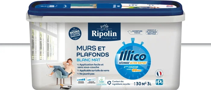 Ripolin - Peinture murale et pour plafond ILLICO 3 L - Blanc Mat - Ultra couvrante, séchage rapide 20 min - Fabriqué en France