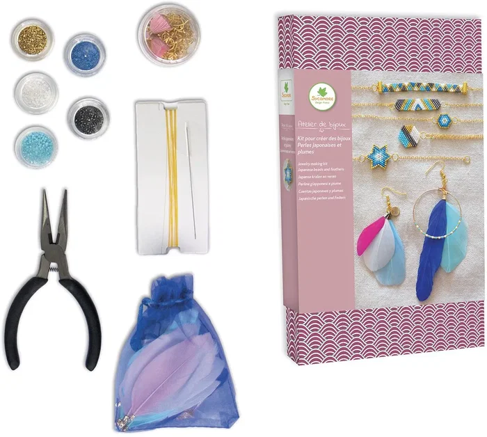 Sycomore - Kit d'atelier de bijoux avec perles japonaises et plumes - Création de bracelets, pendentifs et boucles d'oreilles - À partir de 12 ans