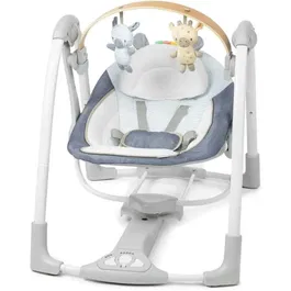 Ingenuity Balancelle bébé électrique pliable Swing 'n Go - Chambray, 5 vitesses, 8 mélodies, avec arc d'activités amovible