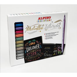 Alpino Kit de Démarrage Lettering Métallique avec 12 Stylos Double Pointe, Bloc Papier Noir et Guide Patrons - Ref. Ar010701