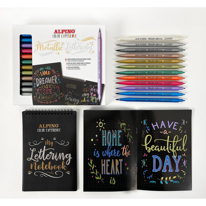 Alpino Kit de Démarrage Lettering Métallique avec 12 Stylos Double Pointe, Bloc Papier Noir et Guide Patrons - Ref. Ar010701