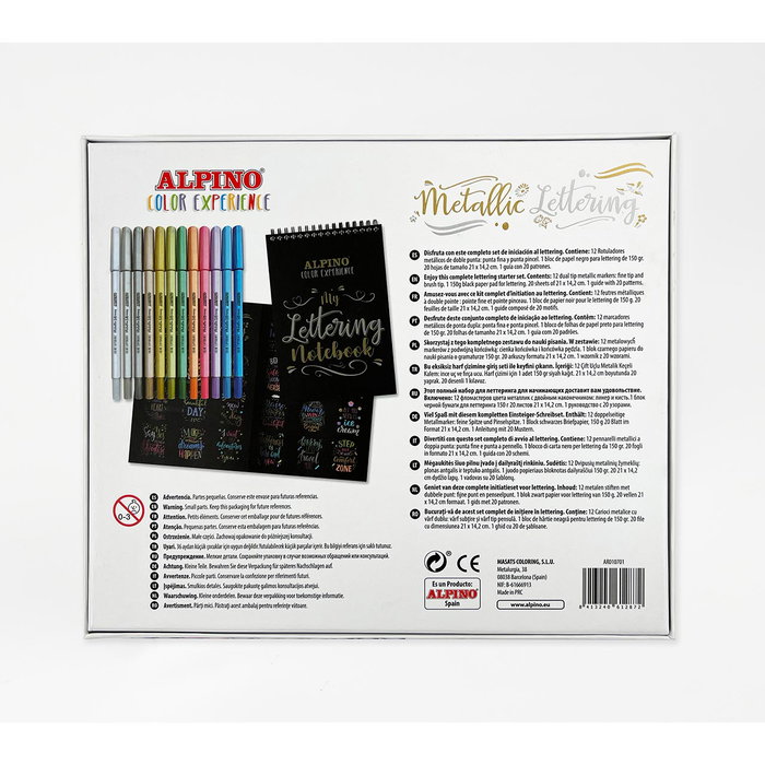 Alpino Kit de Démarrage Lettering Métallique avec 12 Stylos Double Pointe, Bloc Papier Noir et Guide Patrons - Ref. Ar010701