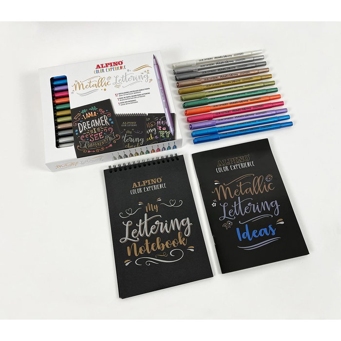 Alpino Kit de Démarrage Lettering Métallique avec 12 Stylos Double Pointe, Bloc Papier Noir et Guide Patrons - Ref. Ar010701