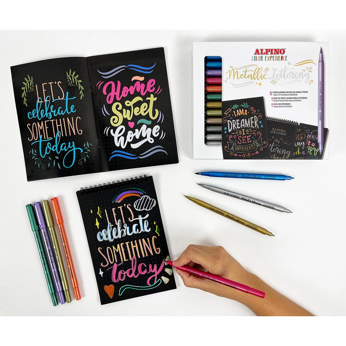 Alpino Kit de Démarrage Lettering Métallique avec 12 Stylos Double Pointe, Bloc Papier Noir et Guide Patrons - Ref. Ar010701