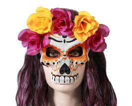 Masque Crâne Orange et Violet avec Fleurs pour Mort Mexicaine