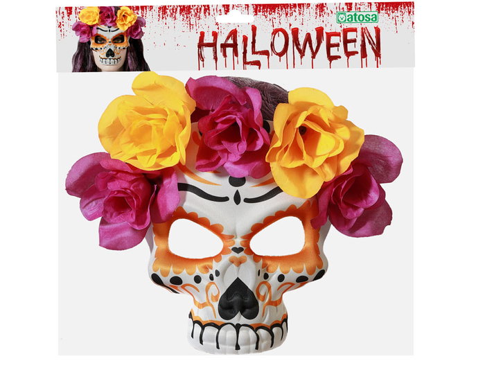 Masque Crâne Orange et Violet avec Fleurs pour Mort Mexicaine