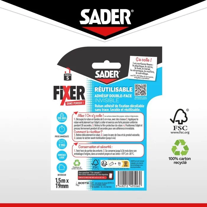 Sader Adhésif Double Face Extra, Transparent et Réutilisable, Invisible, Fixation sans Percer, Résistant à l'Eau et aux UV, 1.5 m x 19 mm