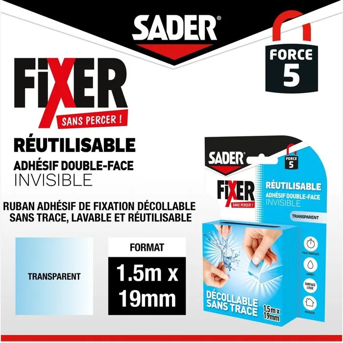 Sader Adhésif Double Face Extra, Transparent et Réutilisable, Invisible, Fixation sans Percer, Résistant à l'Eau et aux UV, 1.5 m x 19 mm