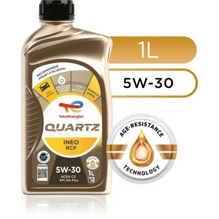 TotalEnergies Quartz Ineo RCP 5W-30 - Huile moteur synthétique 1L - Homologuée Stellantis FPW9.55535/03 - Pour moteurs 1.5 BlueHDi DV5R et 1.2L PureTech - ACEA C3