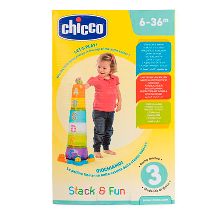 Chicco Super Tour Apilable Tour d'empilage avec 6 gobelets transparents colorés et 4 balles pour bébé +6 mois Jouet d'éveil