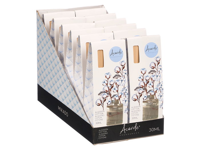 Acorde Mikado Algodon 30 ml Parfum d'Intérieur Verre Bois Blanc 7,5x20x5 cm (Set de 24)