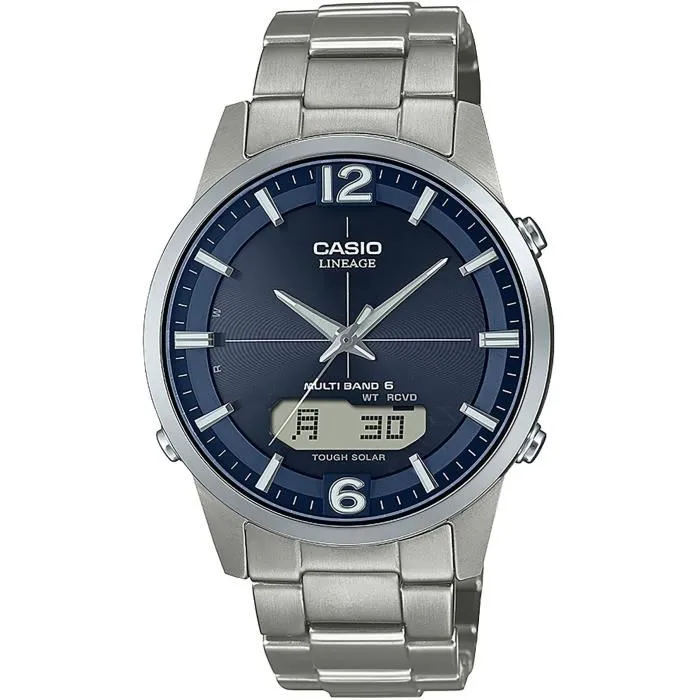 Casio Montre Homme Radio-Pilotée Solaire LCW-M170TD-2AER, Boîtier et Bracelet en Titane 46,4 mm, Bleu, Etanche 5 Bar, Chronographe 1/100s, Heure Universelle