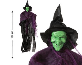 Poupée de Sorcière Verte avec Chapeau Noir et Cape Violette et Noire, 183 cm