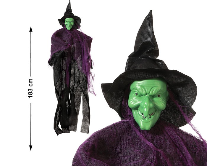 Poupée de Sorcière Verte avec Chapeau Noir et Cape Violette et Noire, 183 cm Poupée de Sorcière Verte avec Chapeau Noir et Cape Violette et Noire, 183 cm