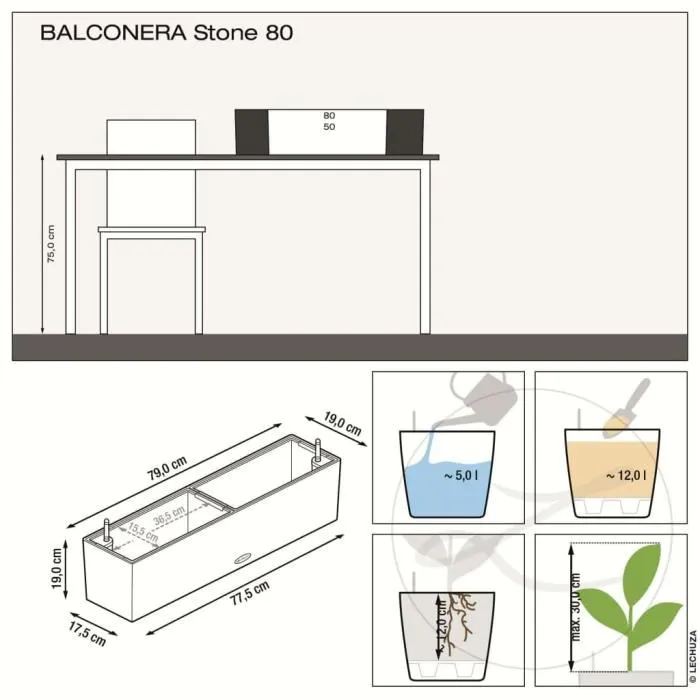 Lechuza Jardinière Balconera Stone 80 All-in-One Beige - Bac à fleurs de balcon avec système d'arrosage automatique Lechuza Jardinière Balconera Stone 80 All-in-One Beige - Bac à fleurs de balcon avec système d'arrosage automatique