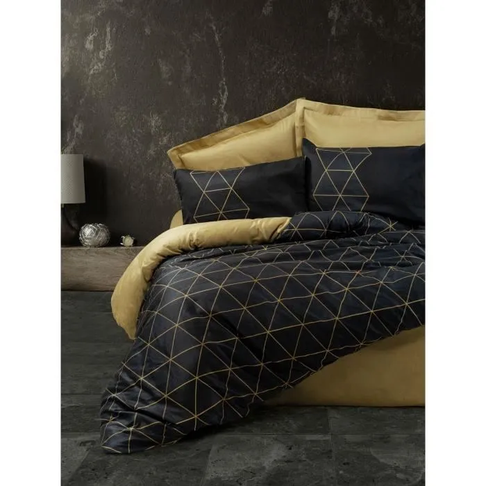 Parure de lit 100% coton renforcé, 1 housse de couette 220 x 240 cm + 2 taies d'oreiller 60 x 60 cm, Noir et Or, 145 fils, lavable machine 40°C Parure de lit 100% coton renforcé, 1 housse de couette 220 x 240 cm + 2 taies d'oreiller 60 x 60 cm, Noir et Or, 145 fils, lavable machine 40°C
