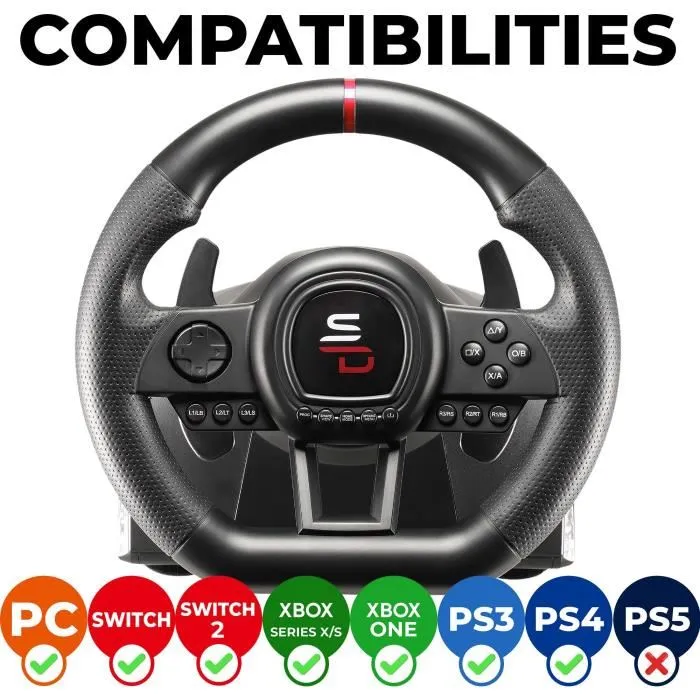 Subsonic Volant de course SV650 avec pédalier et palettes, vibrations à double moteur, compatible Switch/PS4/Xbox Series X|S/Xbox One/PC, fixation par ventouses, 270° rotation