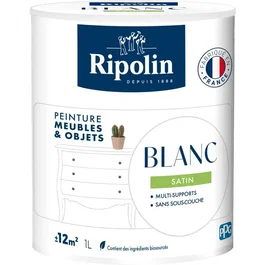Ripolin Peinture Meuble et Objet Blanc Satiné 1L - Pour Bois, Mélaminé, Stratifié, Métal - Sans Sous-Couche - Intérieur/Extérieur