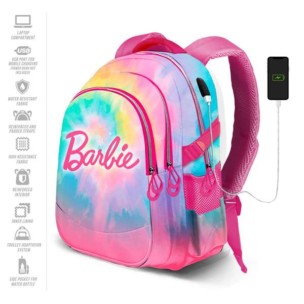 Barbie Run Plus Fan Tie Dye - Mochila - Sac à dos 44x34x21 cm avec compartiments, port USB, dos aéré et tissu Ripstop résistant - Karactermania