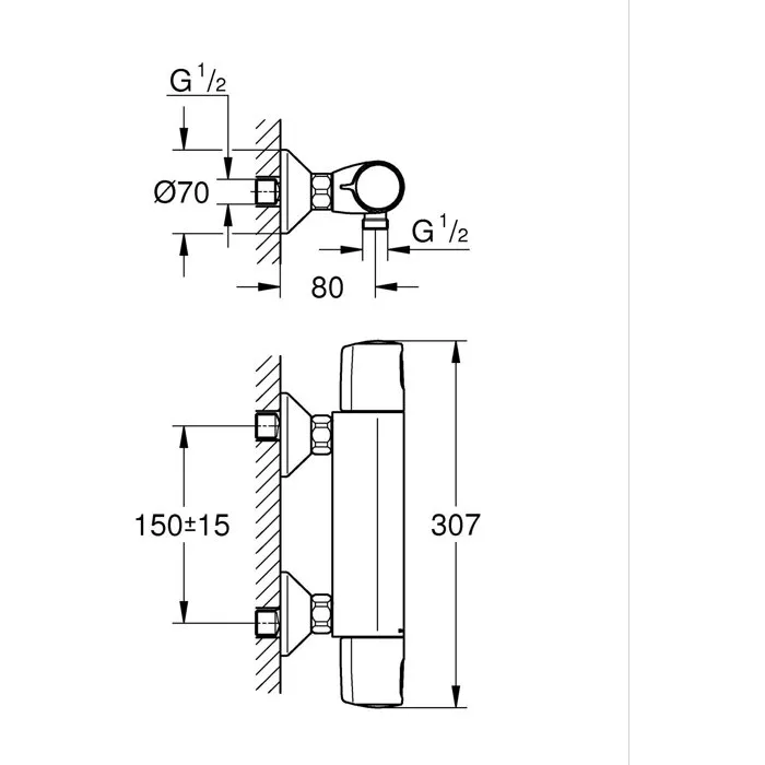 Grohe 34229002 - Mitigeur thermostatique de douche mural Precision Trend, technologie SafeStop 38°C anti-brûlure, poignées MetalGrip chromées, raccords 1/2"
