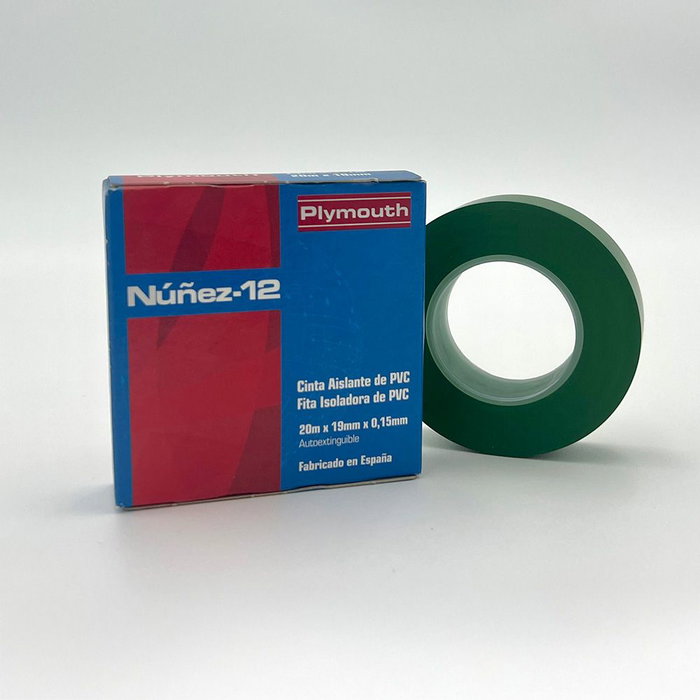 Nuñez-Plymouth Cinta aislante eléctrica PVC verte 19 mm x 0,15 mm x 20 m Nuñez-Plymouth Cinta aislante eléctrica PVC verte 19 mm x 0,15 mm x 20 m