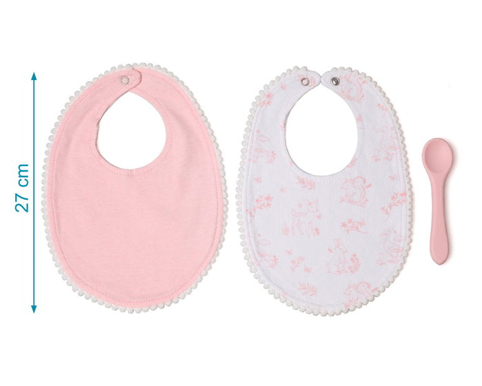 KioKids Set de 2 Bavoirs en Coton avec Cuillère en Silicaine Alimentaire Rose - Pour Bébé +4 Mois
