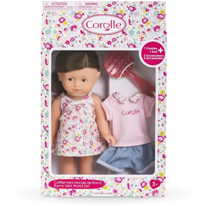 Corolle - Mini Corolline Mini monde de Romy - Coffret poupée avec tenue de rechange et brosse - 20 cm - Parfum vanille - A partir de 3 ans