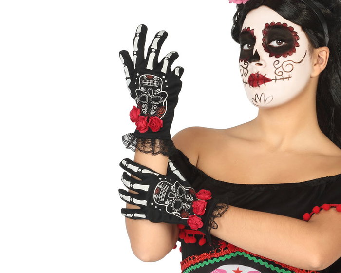 Atosa Gants courts noirs crânes et roses pour la fête des morts Atosa Gants courts noirs crânes et roses pour la fête des morts