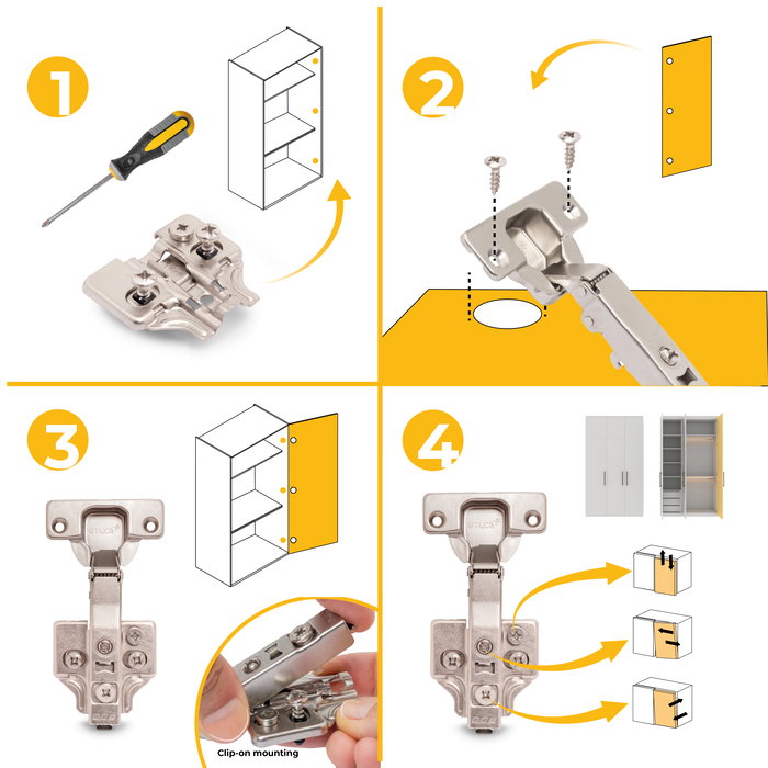 Emuca Lot de 20 charnières droites X92 avec fermeture amortie et embases de montage mixtes, Diamètre 5x9.5mm, Hauteur 0, Acier, Nickelé
