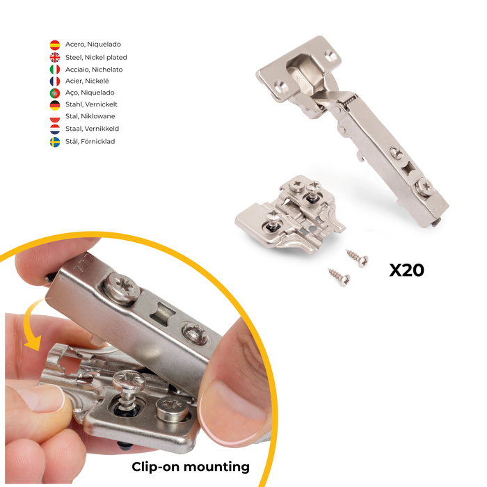 Emuca Lot de 20 charnières droites X92 avec fermeture amortie et embases de montage mixtes, Diamètre 5x9.5mm, Hauteur 0, Acier, Nickelé