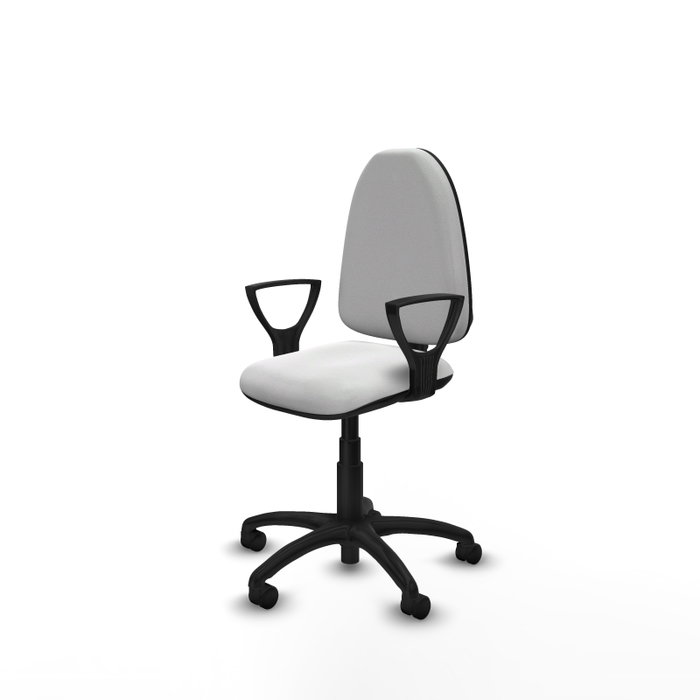 Chaise de bureau Aýna avec mécanisme de contact permanent de base, revêtue de tissu blanc. Équipée d'une base en polyamide noir, d'accoudoirs fixes et de roulettes en nylon de 50 mm