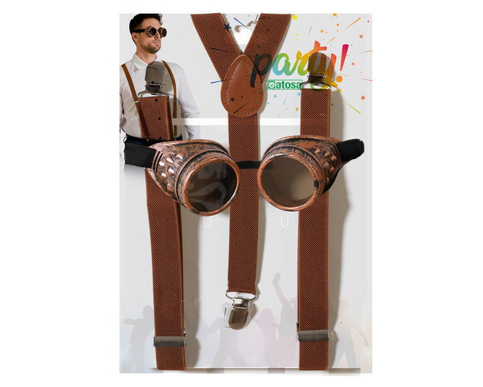 Set de Déguisement Vintage Lunettes et Bretelles Marron 2 Pièces - Costume Rétro Steampunk