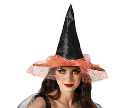 Chapeau de sorcière noir avec voile orange et détails de toile d'araignée