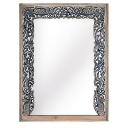 GINER Y COLOMER Miroir avec cadre en bois de manguier sculpté à la main, finition bicolore naturel et bleu vieilli, style ethnique, dimensions 101 x 62 cm