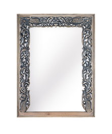 GINER Y COLOMER Miroir avec cadre en bois de manguier sculpté à la main, finition bicolore naturel et bleu vieilli, style ethnique, dimensions 101 x 62 cm