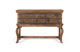 GINER Y COLOMER Console Antique en Bois de Manguier Naturel avec Décor en Laiton Repoussé et Pieds Courbes - 34x106x34cm (intérieur)