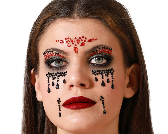Atosa Bijoux faciaux adhésifs gothiques rouges et noirs avec détails de larmes Atosa Bijoux faciaux adhésifs gothiques rouges et noirs avec détails de larmes