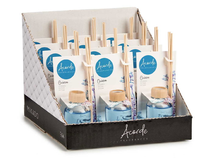 Acorde Mikado Océan 50 ml avec tige, verre rotin bois bleu 7x17x5 cm (Set de 12)